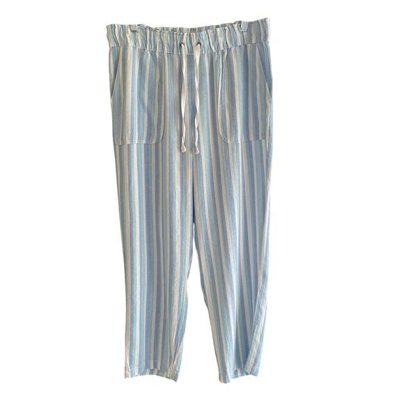Linen Blend M Striped Pants Blue Pull-On Elastic Waist Pockets Boho Beachy - Picture 10 of 12